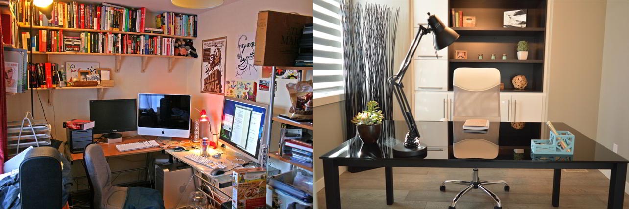 Side-by-side comparison between a cluttered, full of books and posters room (left) and a minimalist clean one (right). You decide which one would make the best learning environment.